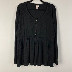 Knox Rose Thermal Shirt XXL Black Lace Accent Boho Peasant Black Long Sleeve